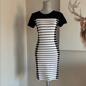 Michael Kors Black and White Striped Knit Midi Dress